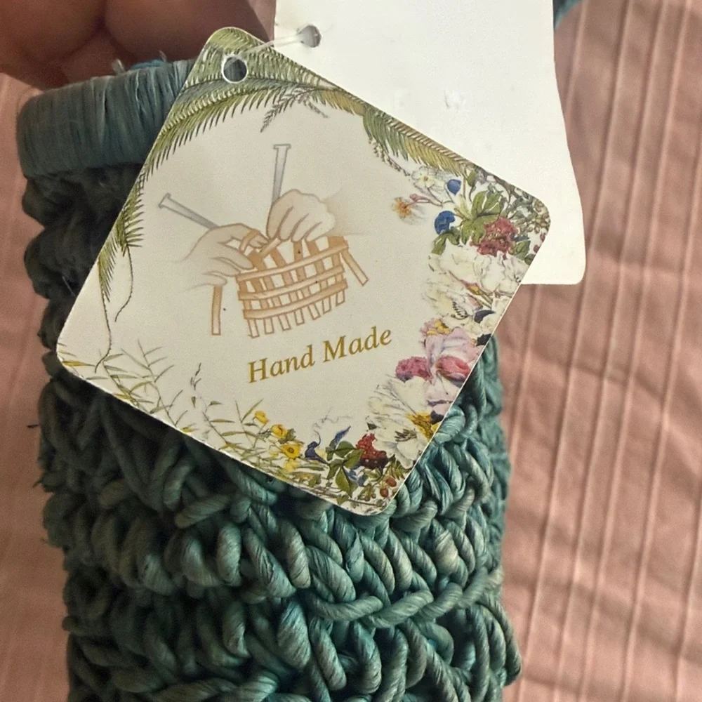 Cappella Straworld Boho Beach Bag Tote Zipper Closure Handwoven Teal Crochet